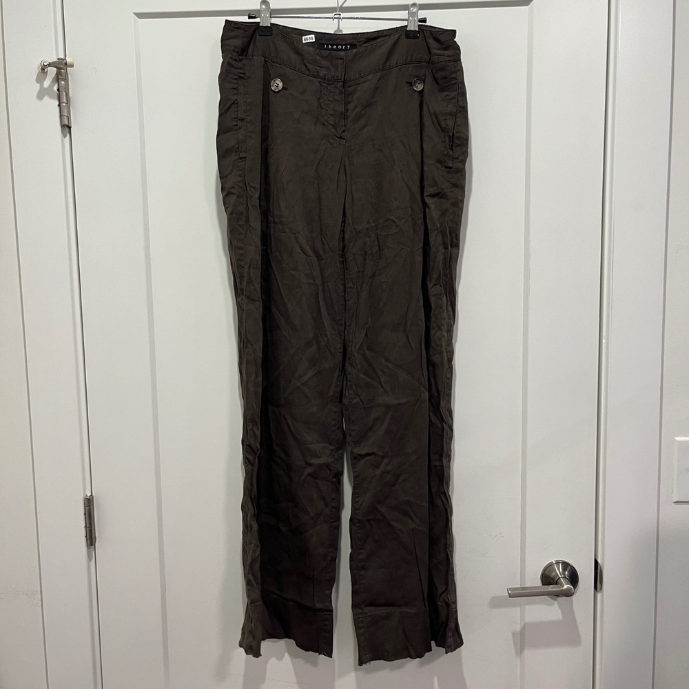 Theory Dark Brown Linen Blend Wide Leg Trousers Size 6 Made in USA